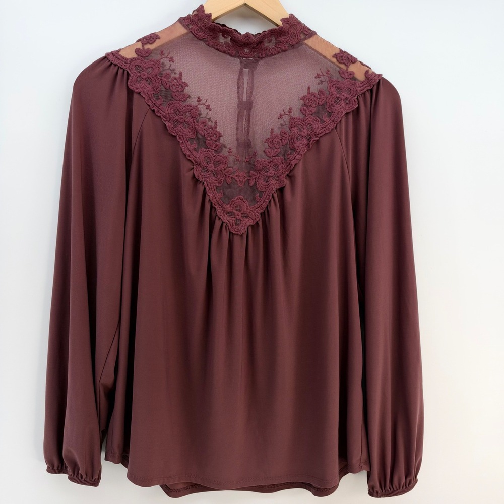 Boho-Romantic Whimsigoth Maroon Blouse Sheer Floral Embroidered Lace Button Back